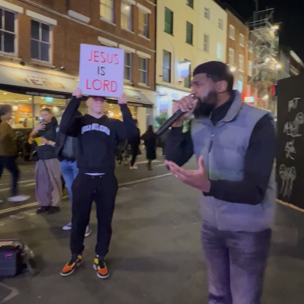 When you want to spread the word of Jesus but can’t resist hanging out on the corner of Old Compton Street on a Saturday night